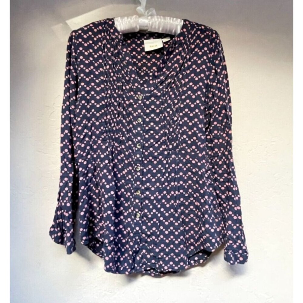 Anthropologie Maeve Small Button Down Polka Dot Shirt Top Blue Pink Long Sleeve